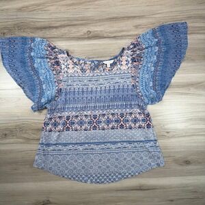 Lucky‎ Brand Flutter Sleeve Boho Print Peasant Top Women's Medium Blue